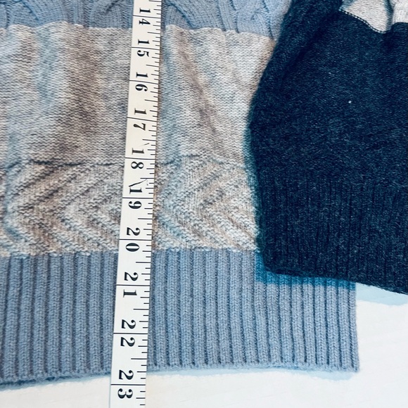 Patchwork Color Block Crew Sweater Sz Large Fringe Cable Knit Chunky Blue Gray - Picture 9 of 10